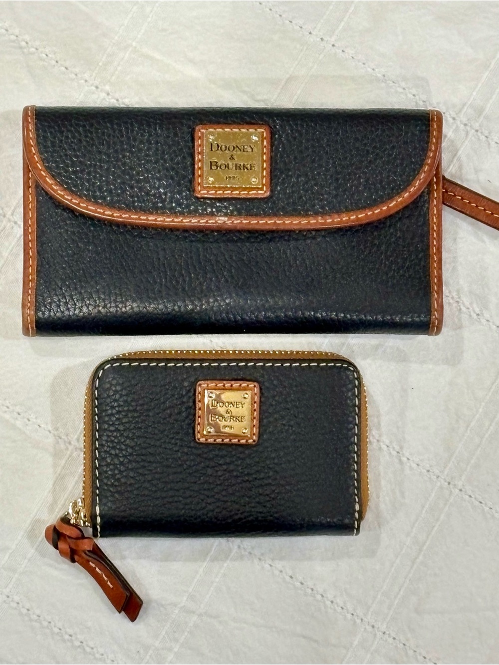 Dooney & Bourke Black Pebble Leather Wallet and Coin Case with Brown Trim